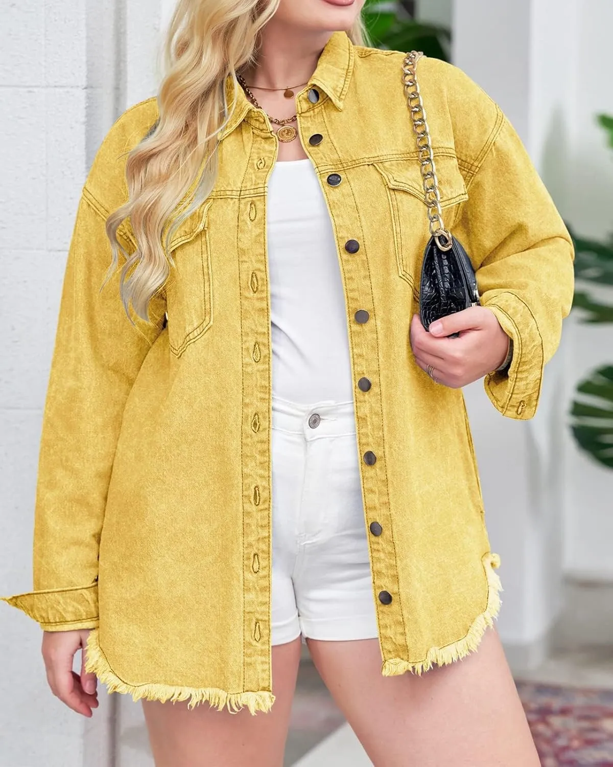 Vetinee Women’s Oversized Button Up Frayed Hem Shacket Long Sleeve Pockets Denim Jean Jacket