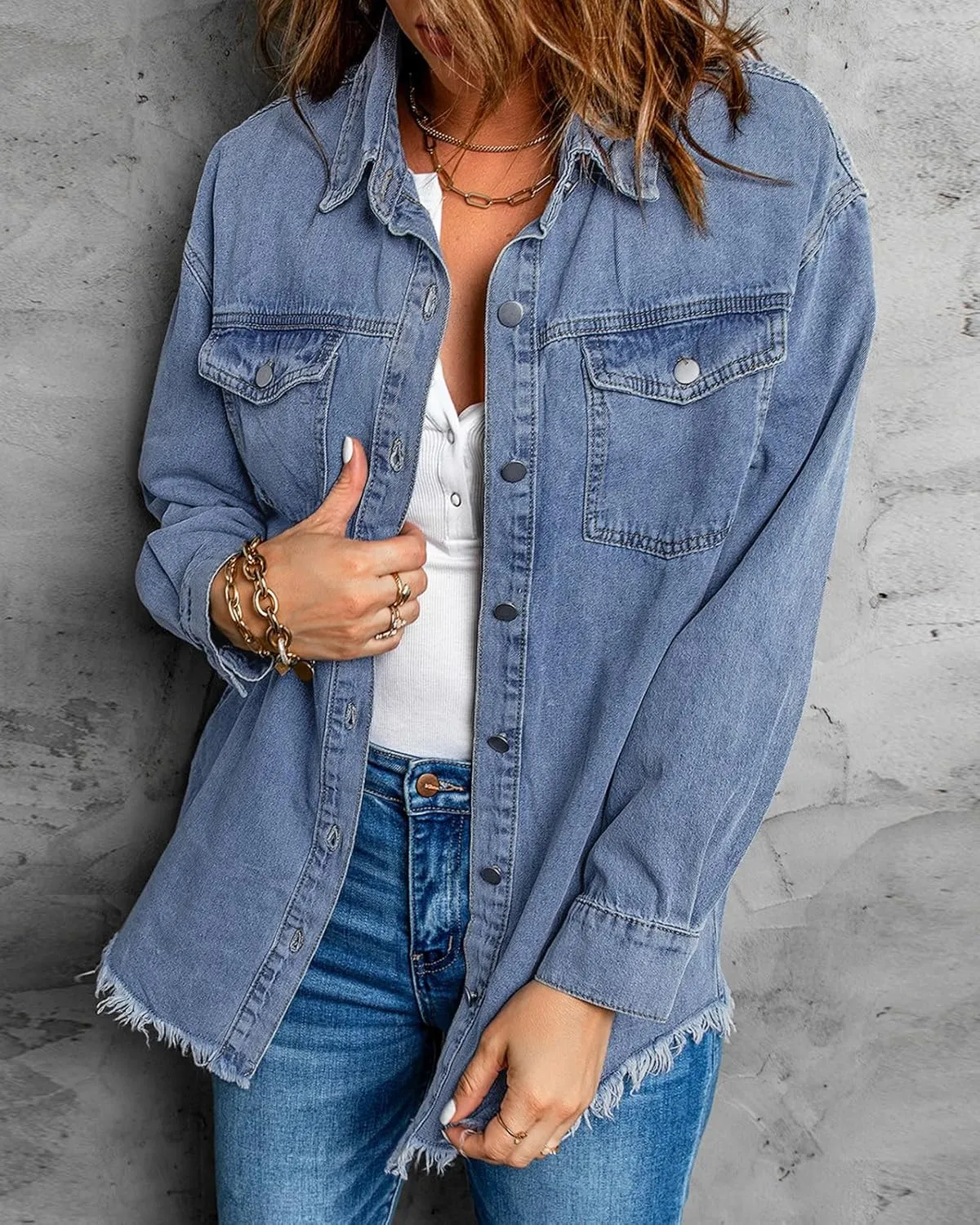 Vetinee Women’s Oversized Button Up Frayed Hem Shacket Long Sleeve Pockets Denim Jean Jacket