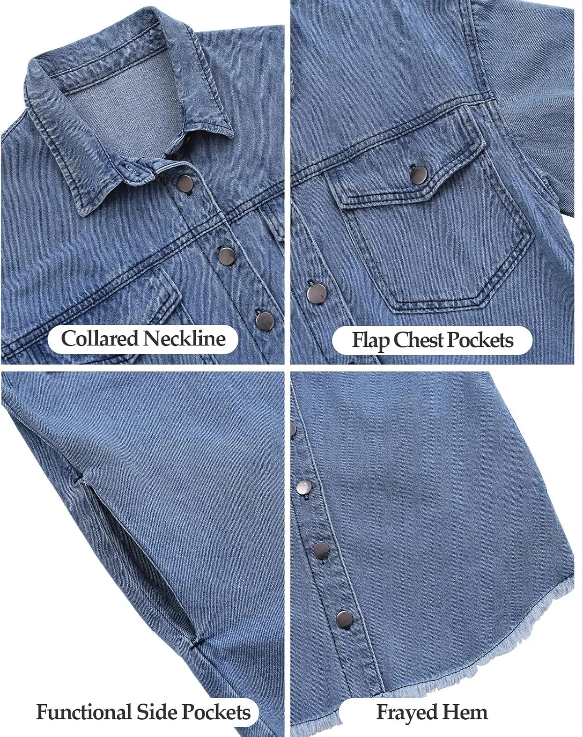 Vetinee Women’s Oversized Button Up Frayed Hem Shacket Long Sleeve Pockets Denim Jean Jacket