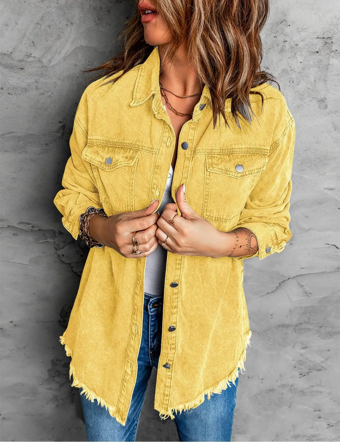 Vetinee Women’s Oversized Button Up Frayed Hem Shacket Long Sleeve Pockets Denim Jean Jacket