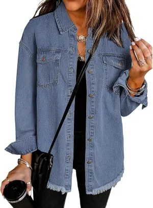 Vetinee Women’s Oversized Button Up Frayed Hem Shacket Long Sleeve Pockets Denim Jean Jacket