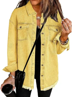Vetinee Women’s Oversized Button Up Frayed Hem Shacket Long Sleeve Pockets Denim Jean Jacket