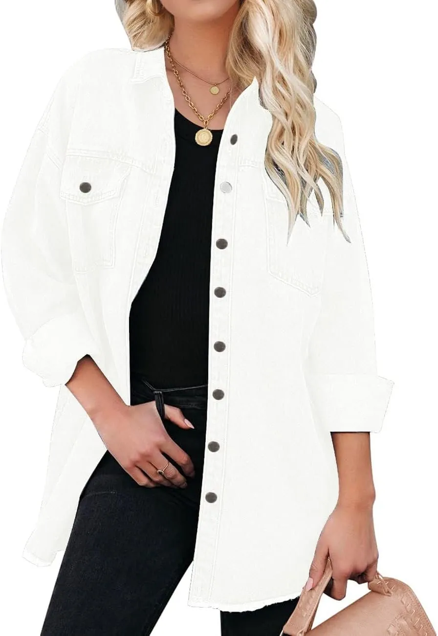 Vetinee Women’s Oversized Button Up Frayed Hem Shacket Long Sleeve Pockets Denim Jean Jacket