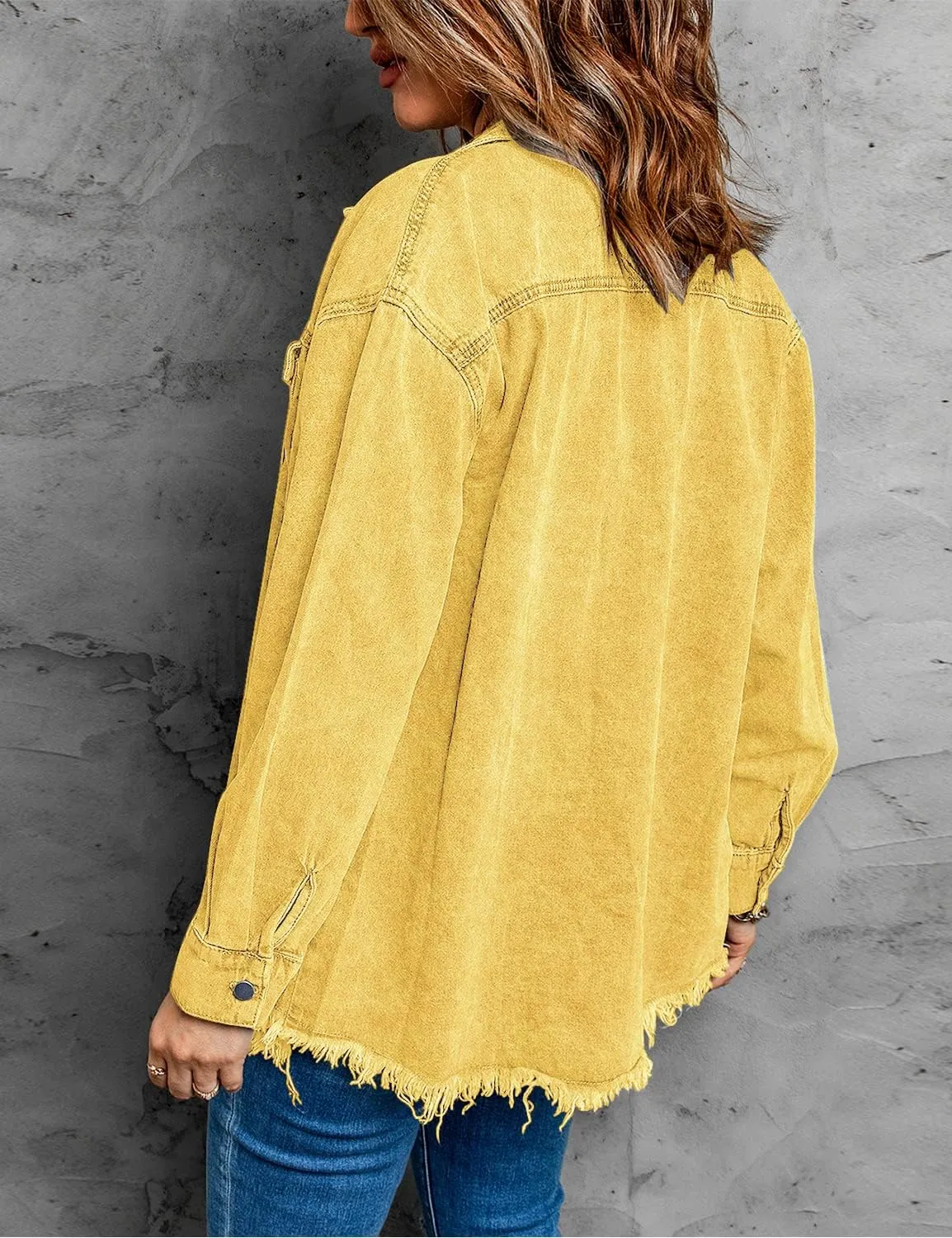 Vetinee Women’s Oversized Button Up Frayed Hem Shacket Long Sleeve Pockets Denim Jean Jacket