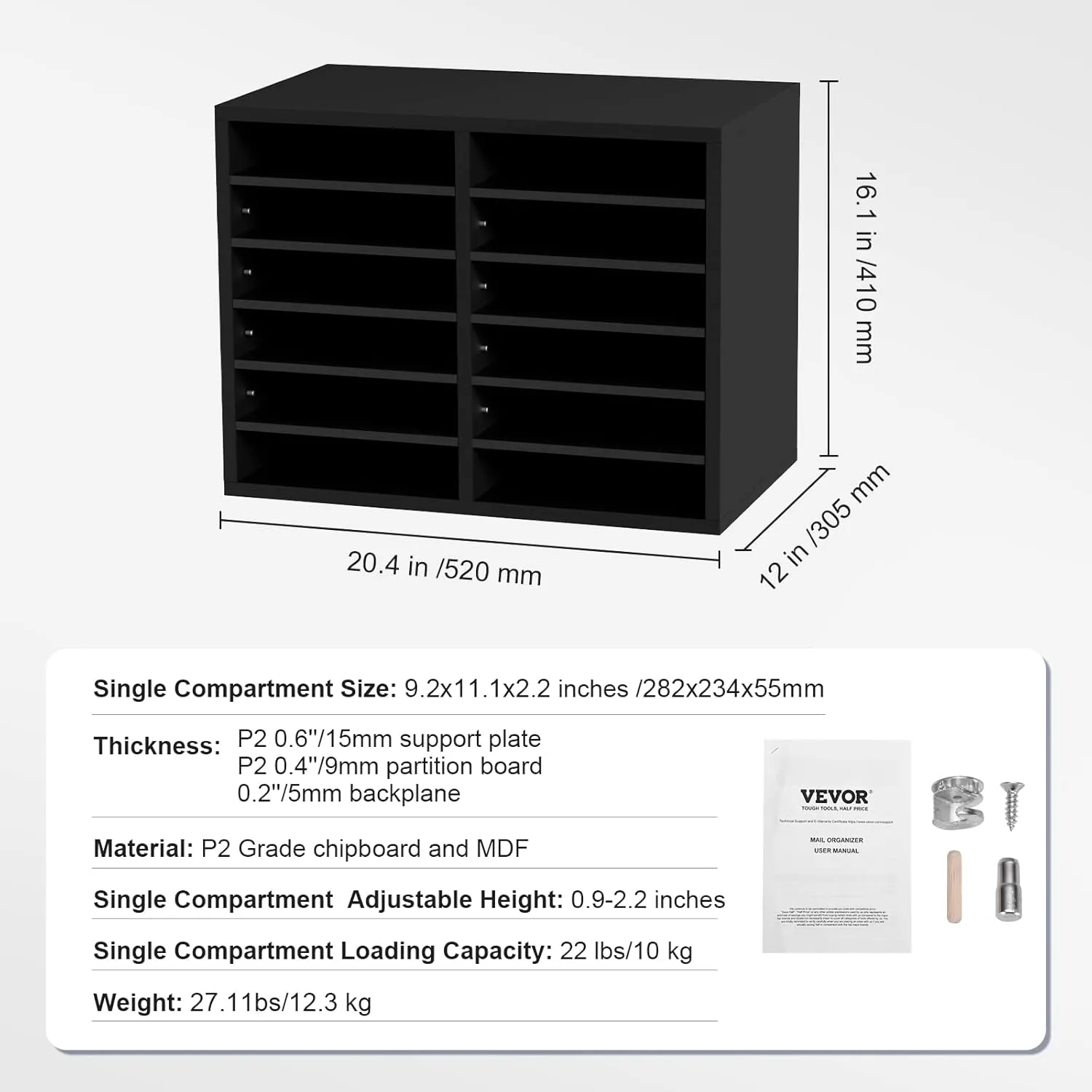 VEVOR Literature Organizers, 12 Compartments Office Mailbox with Adjustable Shelves，Wood Literature sorter 20.4x12x16.1 inches for Office, Home, Classroom, Mailrooms Organization, EPA Certified Black