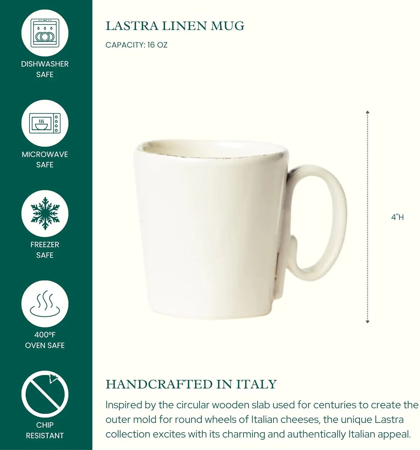 Vietri Lastra Linen Mug 4" H, 12 oz Stoneware Ceramic Cup, Elegant Coffee Mug Drinkware
