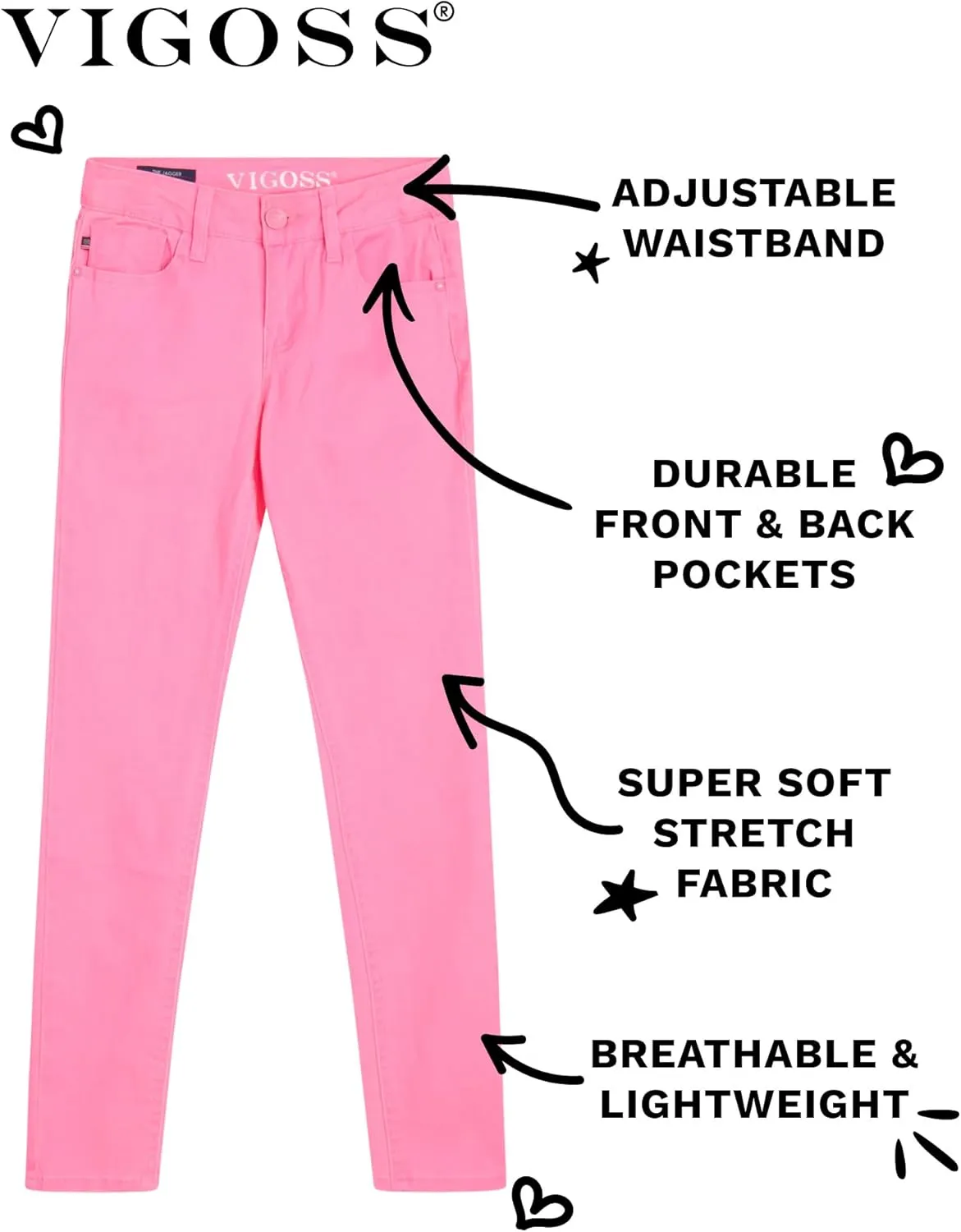 VIGOSS Girls' Jeans - Super Stretch Denim Skinny Jeans for Girls - Kids Adjustable Slim Fit Jeans (4-16)