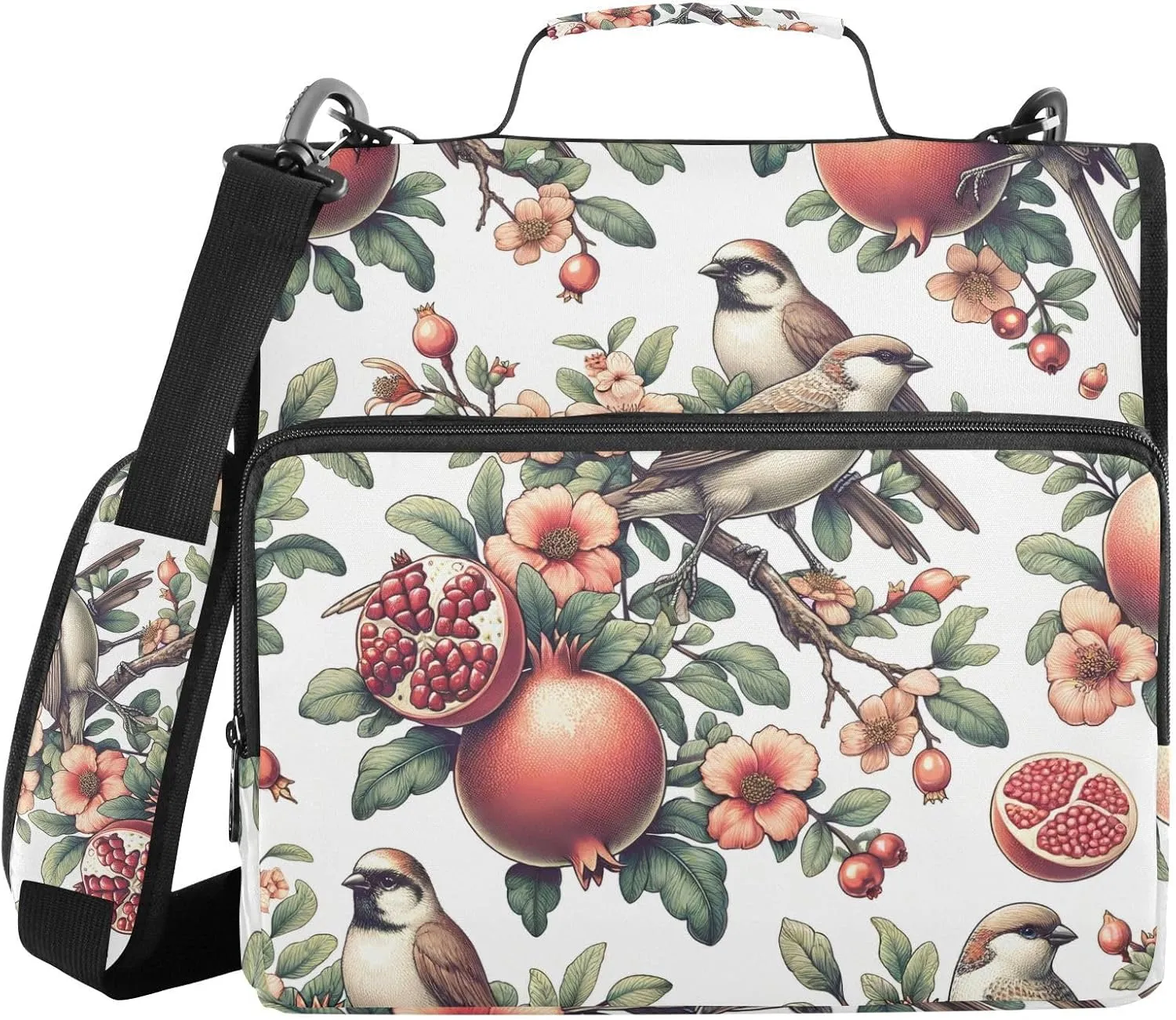 VIGTRO Birds Flowers Pomegranate 3 Ring Zipper Binder 1.5 Inch Binder Organizer Bag with Shoulder Strap and Handle File Folder for Office Work 500 Sheet Capacity