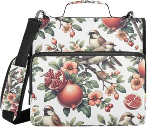 VIGTRO Birds Flowers Pomegranate 3 Ring Zipper Binder 1.5 Inch Binder Organizer Bag with Shoulder Strap and Handle File Folder for Office Work 500 Sheet Capacity