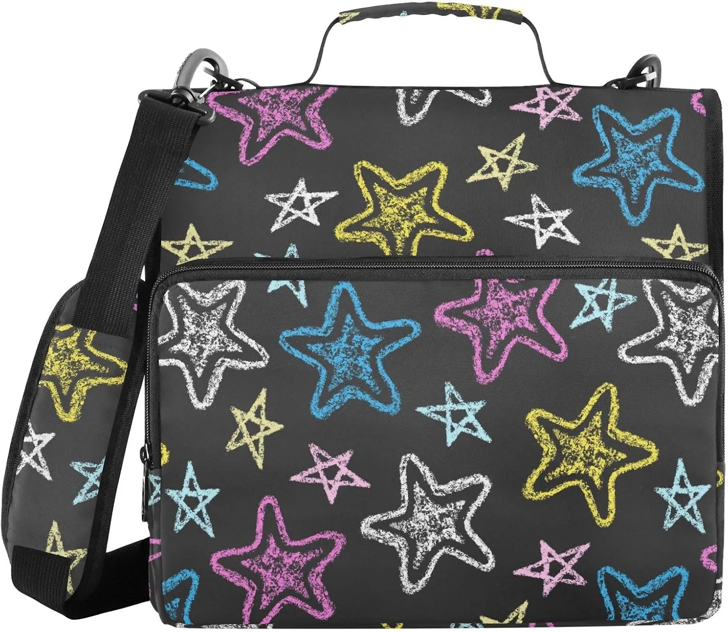 VIGTRO Blue Pink Yellow White Stars 1.5 Inch 3 Ring Case Zipper Binder Organizer Bag with Shoulder Strap and Handle Chalk Drawn Multi-Pocket File Folder for Office Supplies