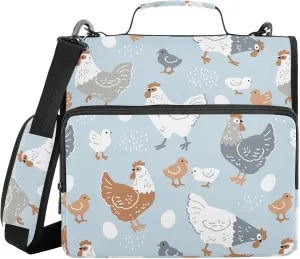 VIGTRO Cartoon Hens Chicks Eggs 1.5 Inch 3 Ring Case Zipper Binder Organizer Bag with Shoulder Strap and Handle Multi-Pocket File Folder for Office Supplies