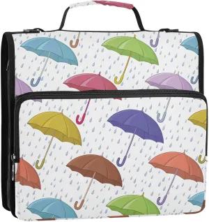 VIGTRO Colorful Umbrellas Blue Rain 1.5 Inch 3 Ring Case Zipper Binder Organizer Bag with Shoulder Strap and Handle Multi-Pocket File Folder for Office Supplies