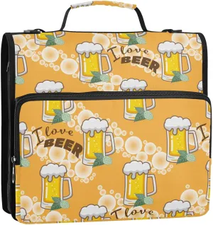 VIGTRO Cute Beer Mug Hop Cone 3 Ring Zipper Binder 1.5 Inch Binder Organizer Bag with Shoulder Strap and Handle I Love Beer File Folder for Office Work 500 Sheet Capacity