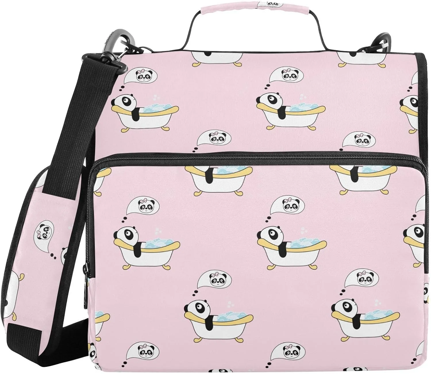 VIGTRO Cute Pandas Bath 3 Ring Zipper Binder 1.5 Inch Binder Organizer Bag with Shoulder Strap and Handle Pink Background File Folder for Office Work 500 Sheet Capacity