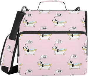VIGTRO Cute Pandas Bath 3 Ring Zipper Binder 1.5 Inch Binder Organizer Bag with Shoulder Strap and Handle Pink Background File Folder for Office Work 500 Sheet Capacity