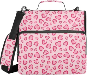 VIGTRO Heart Leopard 1.5 Inch 3 Ring Case Zipper Binder Organizer Bag with Shoulder Strap and Handle Pink Tones Multi-Pocket File Folder for Office Supplies