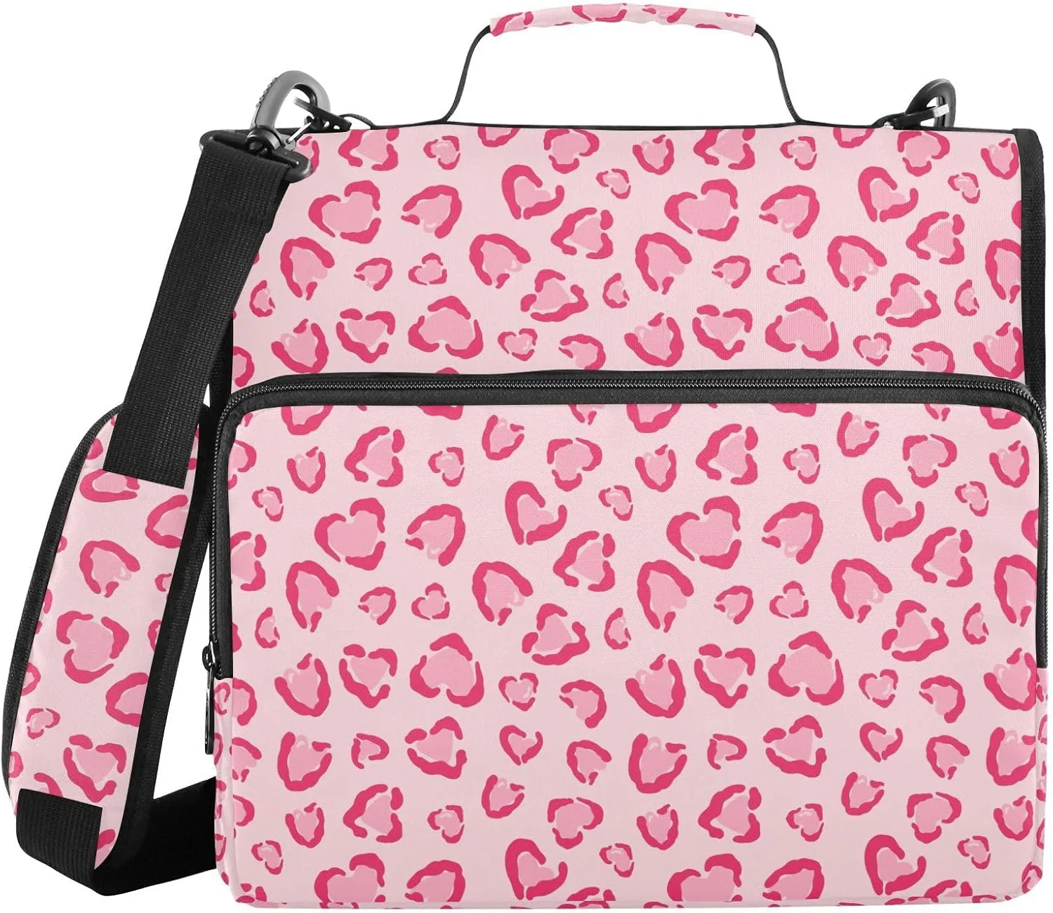 VIGTRO Heart Leopard 1.5 Inch 3 Ring Case Zipper Binder Organizer Bag with Shoulder Strap and Handle Pink Tones Multi-Pocket File Folder for Office Supplies