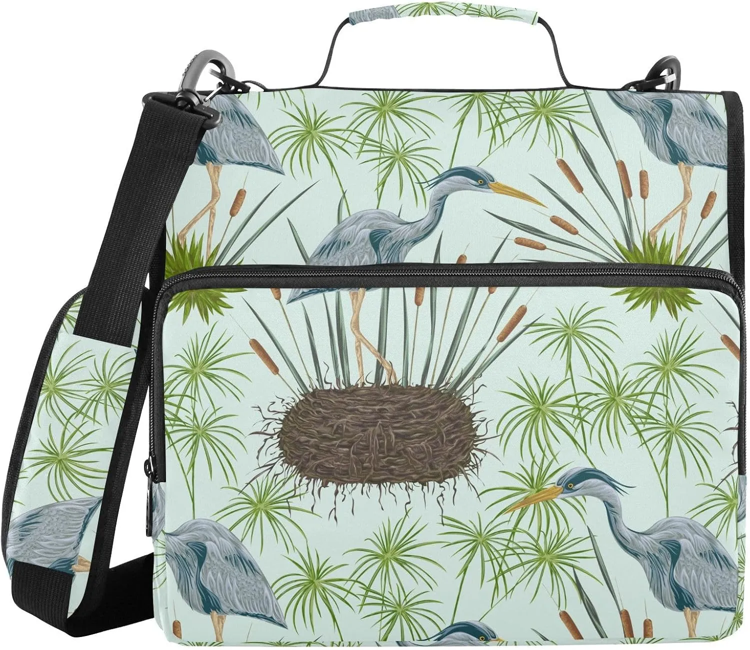VIGTRO Heron Bird Swamp Plants 1.5 Inch 3 Ring Case Zipper Binder Organizer Bag with Shoulder Strap and Handle Multi-Pocket File Folder for Office Supplies