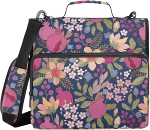 VIGTRO Pomegranate Flowers Pattern 3 Ring Zipper Binder 1.5 Inch Binder Organizer Bag with Shoulder Strap and Handle Elegant File Folder for Office Work 500 Sheet Capacity