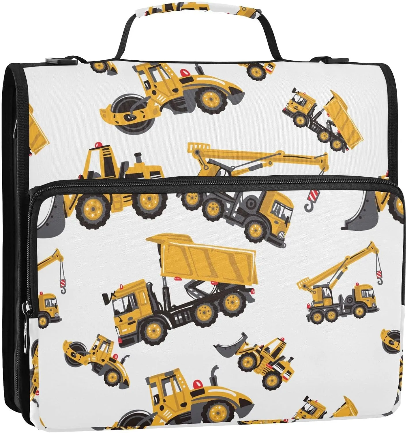 VIGTRO Road Roller Bulldozer Truck 1.5 Inch 3 Ring Case Zipper Binder Organizer Bag with Shoulder Strap and Handle Multi-Pocket File Folder for Office Supplies