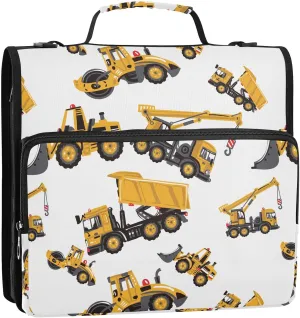 VIGTRO Road Roller Bulldozer Truck 1.5 Inch 3 Ring Case Zipper Binder Organizer Bag with Shoulder Strap and Handle Multi-Pocket File Folder for Office Supplies