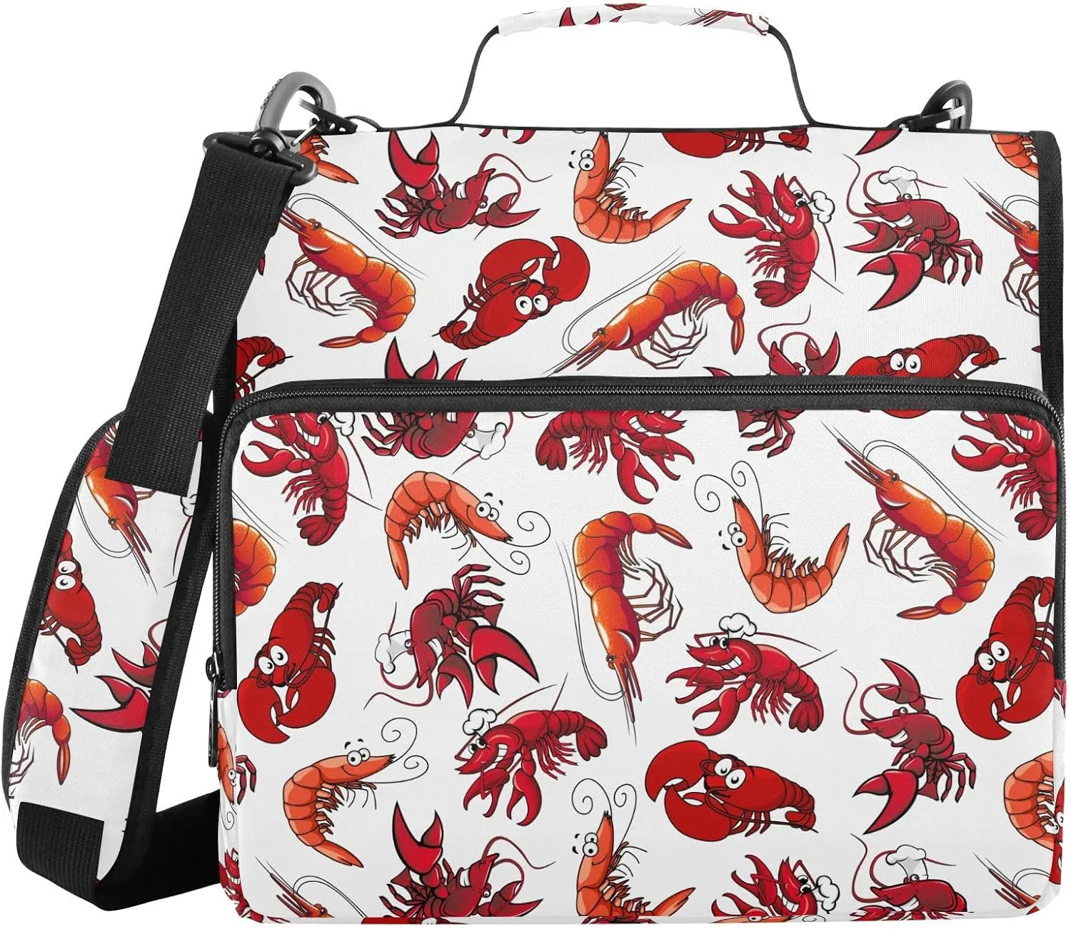 VIGTRO Seafood Red Shrimps Prawns 1.5 Inch 3 Ring Case Zipper Binder Organizer Bag with Shoulder Strap and Handle Multi-Pocket File Folder for Office Supplies