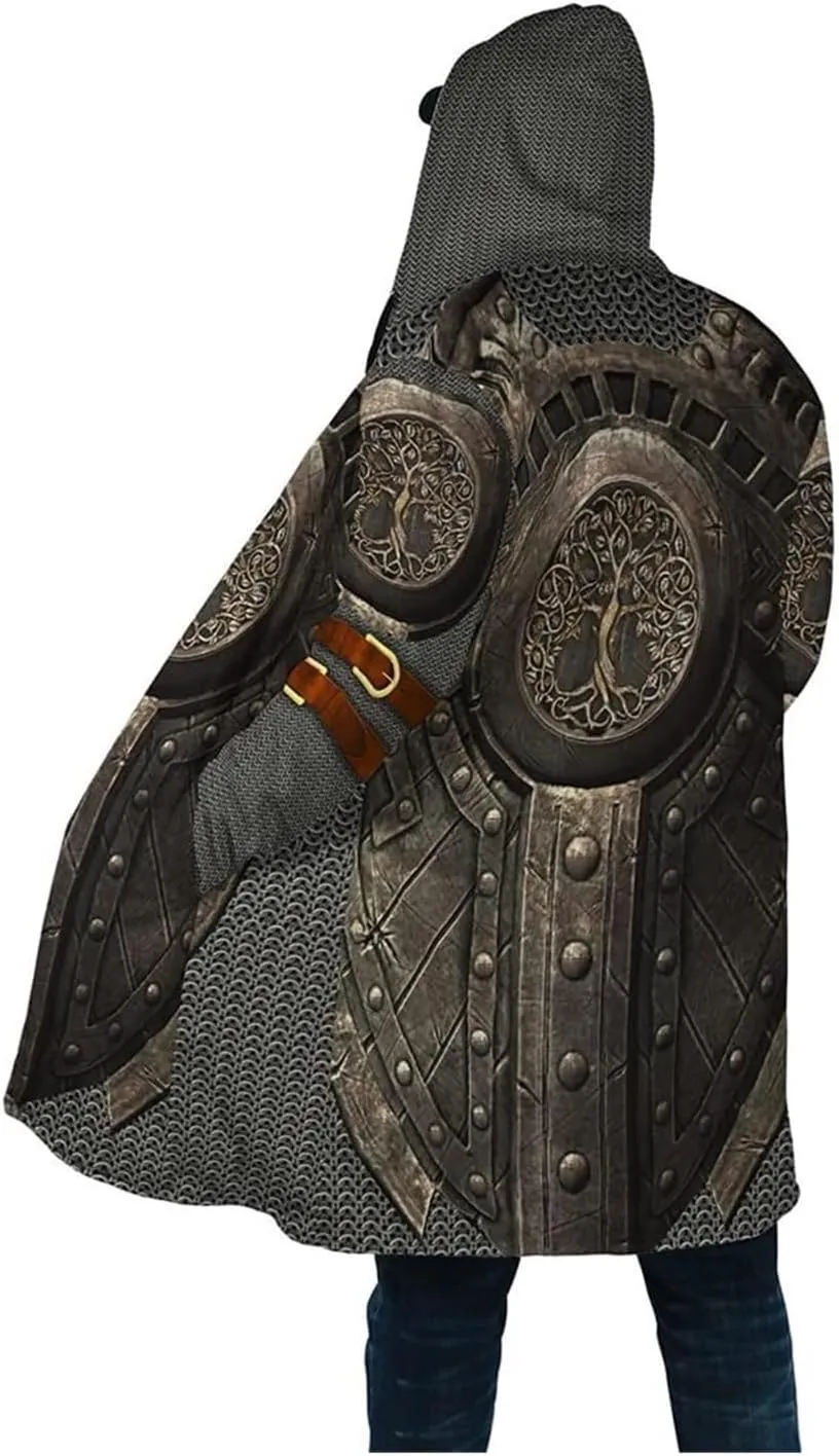 Viking Men's Winter Warm Robe, Valhalla Warrior Armor, 3D Printed Tattoo Winter Warm Coat Parka, Horn Button Design