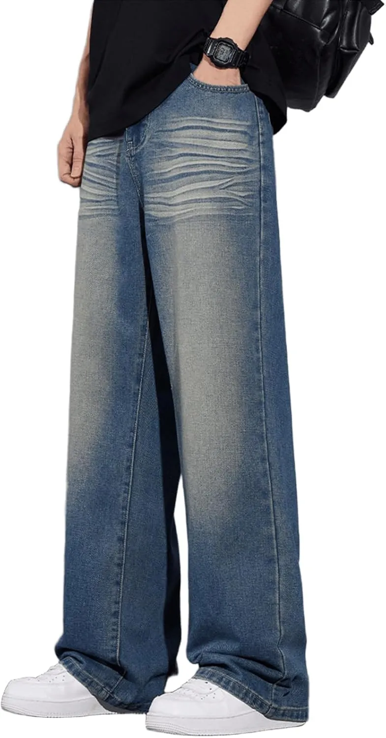 Vintage Baggy Jeans for Men 90s Mid Rise Loose Fit Straight Leg Hip Hop Y2k Skater Denim Trousers Streetwear