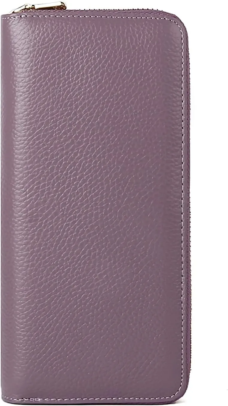 vintage cowhide multi-card slot FRID travel wallet, handbag with large number for men and women zipper phone bag, multifunctional long card bag passport bag (purple)