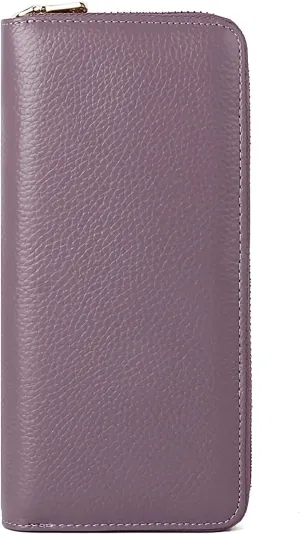 vintage cowhide multi-card slot FRID travel wallet, handbag with large number for men and women zipper phone bag, multifunctional long card bag passport bag (purple)