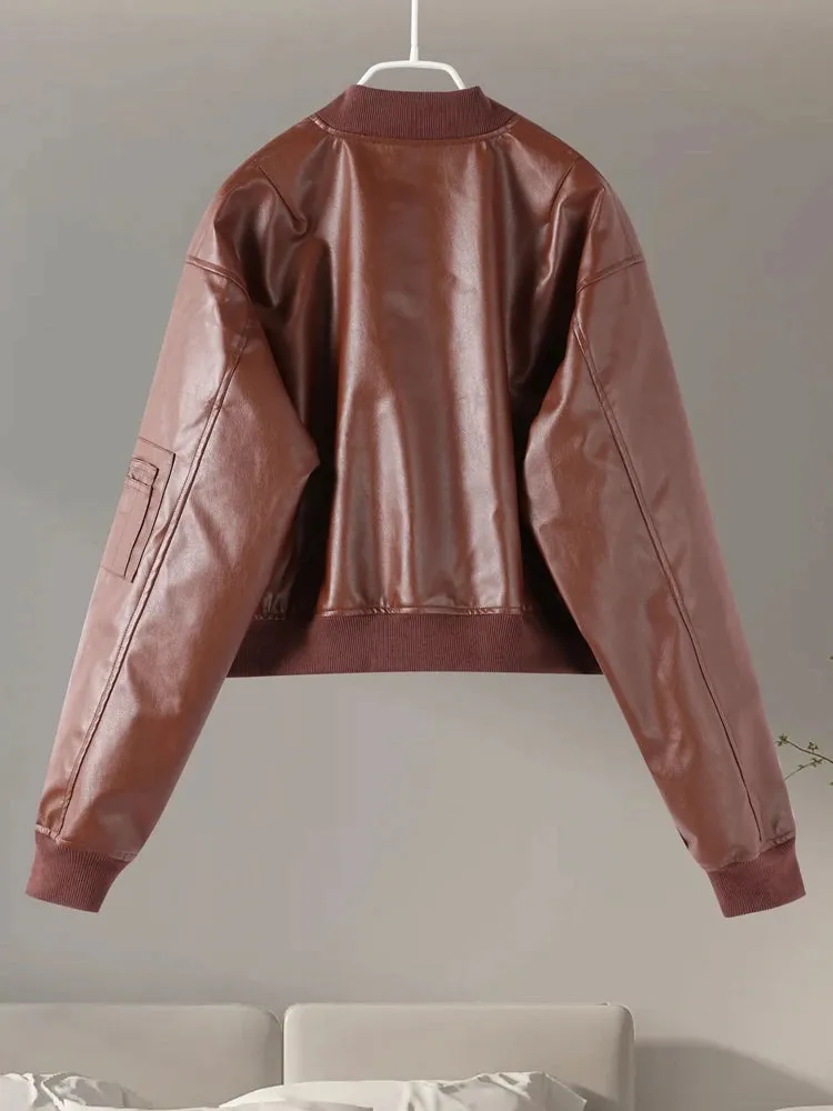 Vintage Cropped Leather Bomber Jacket