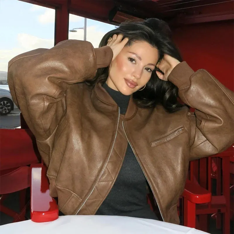 Vintage Cropped Leather Bomber Jacket