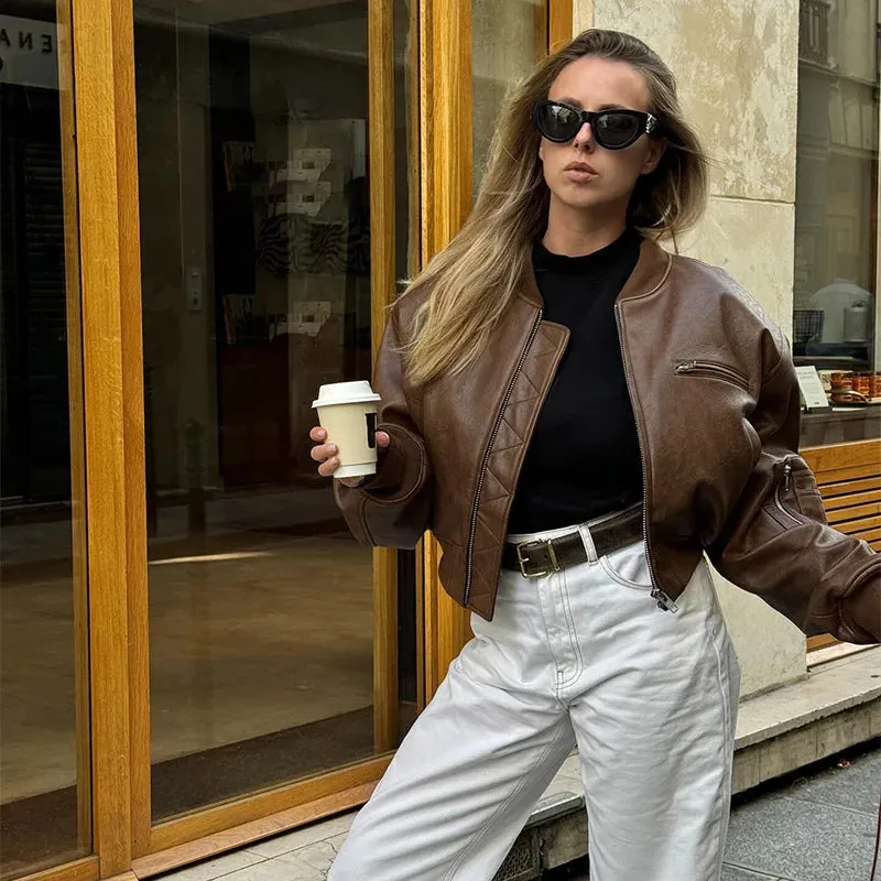 Vintage Cropped Leather Bomber Jacket