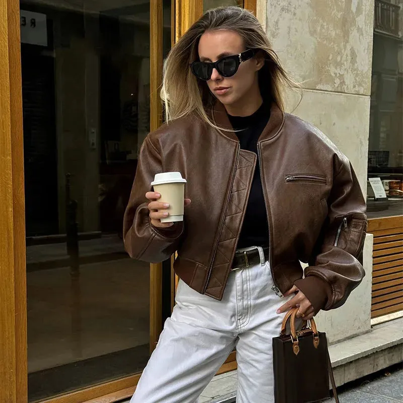 Vintage Cropped Leather Bomber Jacket