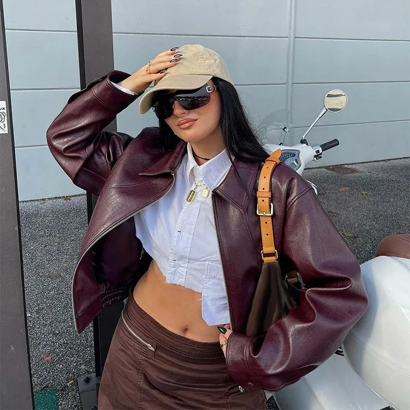 Vintage Cropped Leather Bomber Jacket