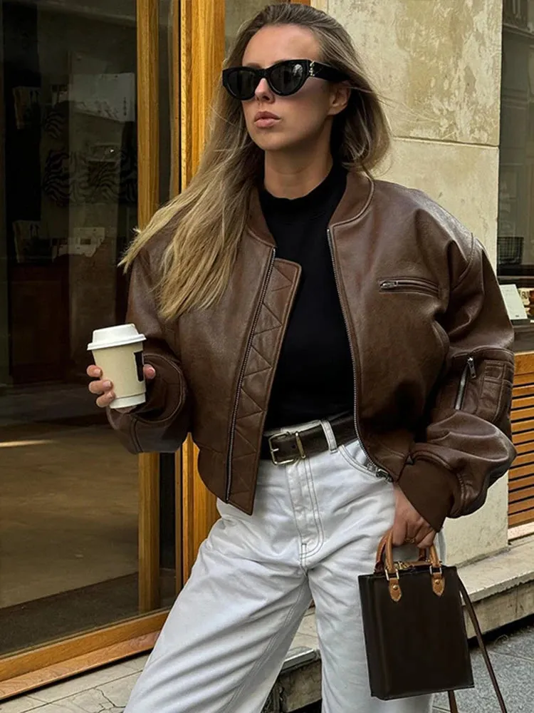 Vintage Cropped Leather Bomber Jacket