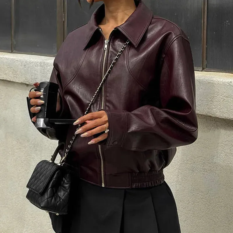 Vintage Cropped Leather Bomber Jacket