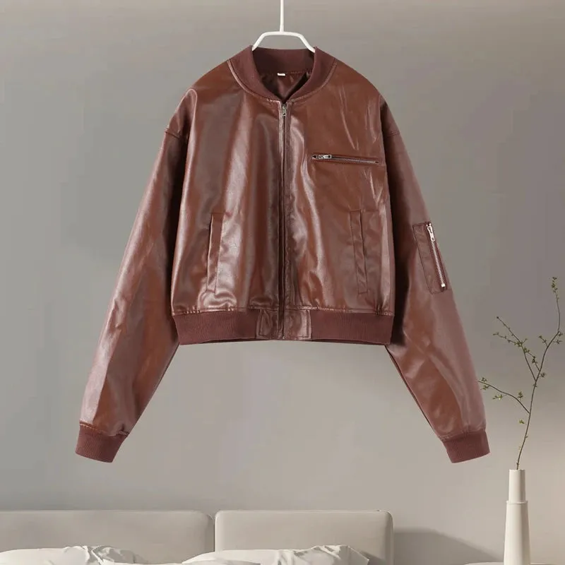 Vintage Cropped Leather Bomber Jacket