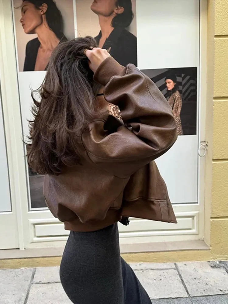 Vintage Cropped Leather Bomber Jacket
