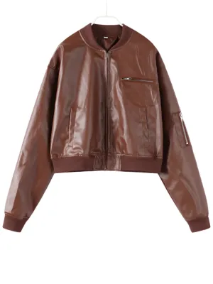 Vintage Cropped Leather Bomber Jacket