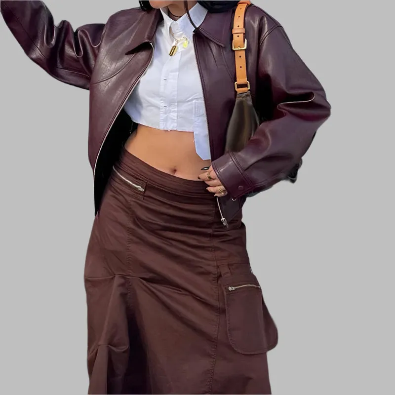 Vintage Cropped Leather Bomber Jacket