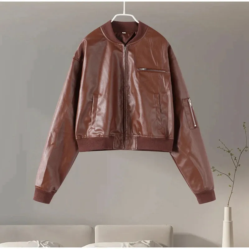 Vintage Cropped Leather Bomber Jacket