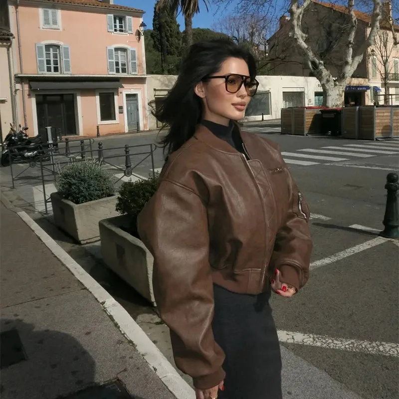 Vintage Cropped Leather Bomber Jacket
