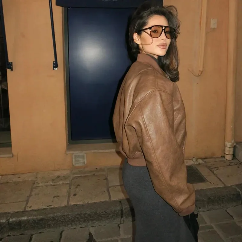Vintage Cropped Leather Bomber Jacket