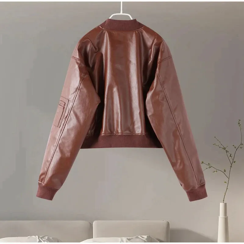 Vintage Cropped Leather Bomber Jacket