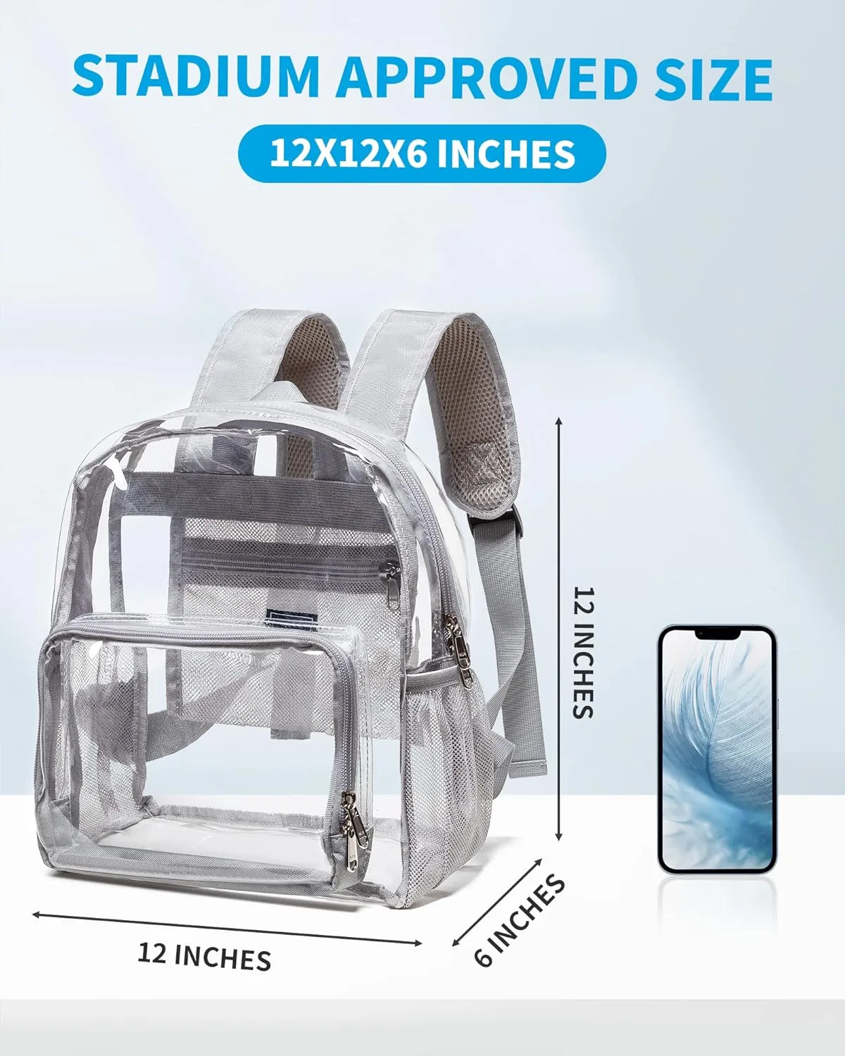 Vorspack Clear Mini Backpack - Stadium Approved 12x12x6 Small Clear Backpack for Women Stadium Backpack for Concert Work Games Festival - Grey