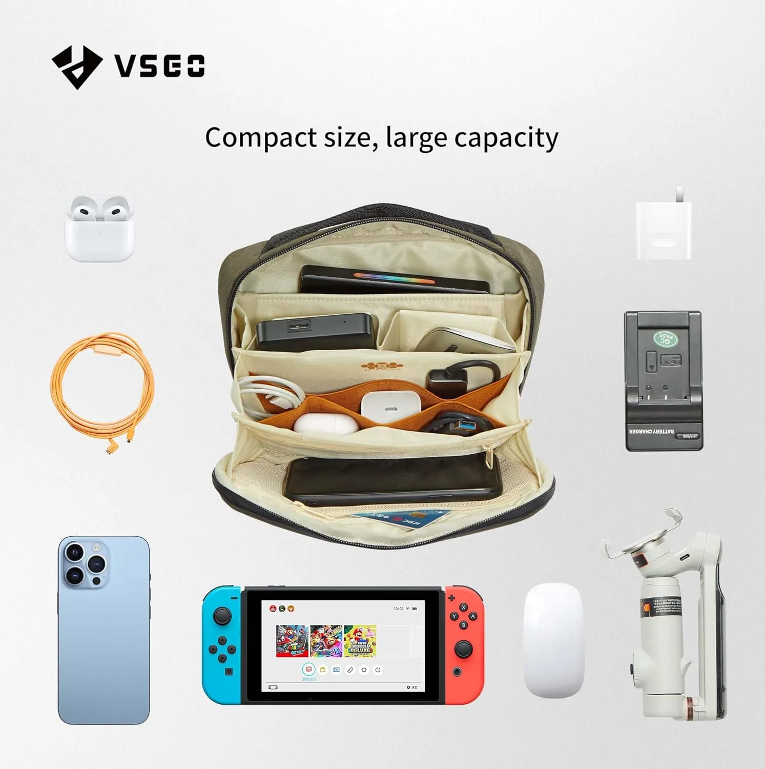 VSGO Electronics Organizer,Small Tech Accessory Bag,Portable Waterproof Tech Organizer Pouch Compatible for Cables,Phone,Earphone,Flash Disk, Power Bank (Green, S)