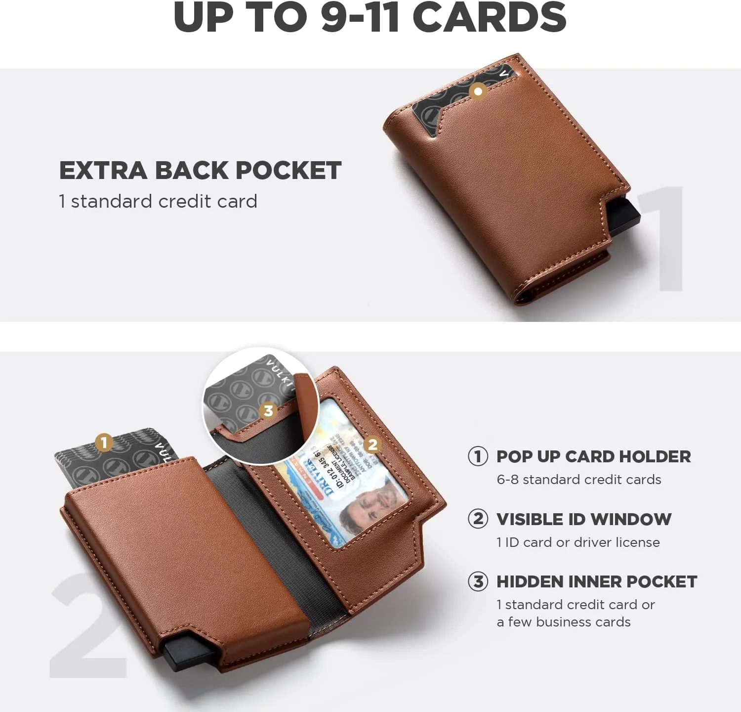 VULKIT Men's Wallet Minimalist Pop Up Card Holder RFID Blocking Magnetic Closure Leather Wallet with ID Window for Cash & Credit Cards Up To 11 Cards