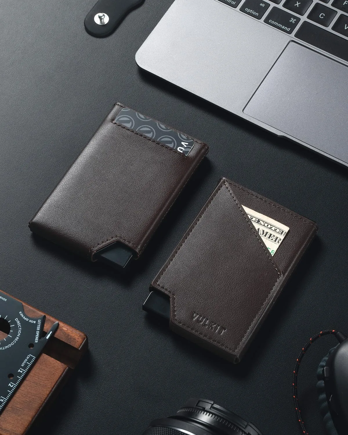 VULKIT Pop up Card Wallet RFID Blocking Slim Aluminum Metal Bank Card Holder Case with Business Money Pocket for Credit Cards Notes and Coins Dark Brown