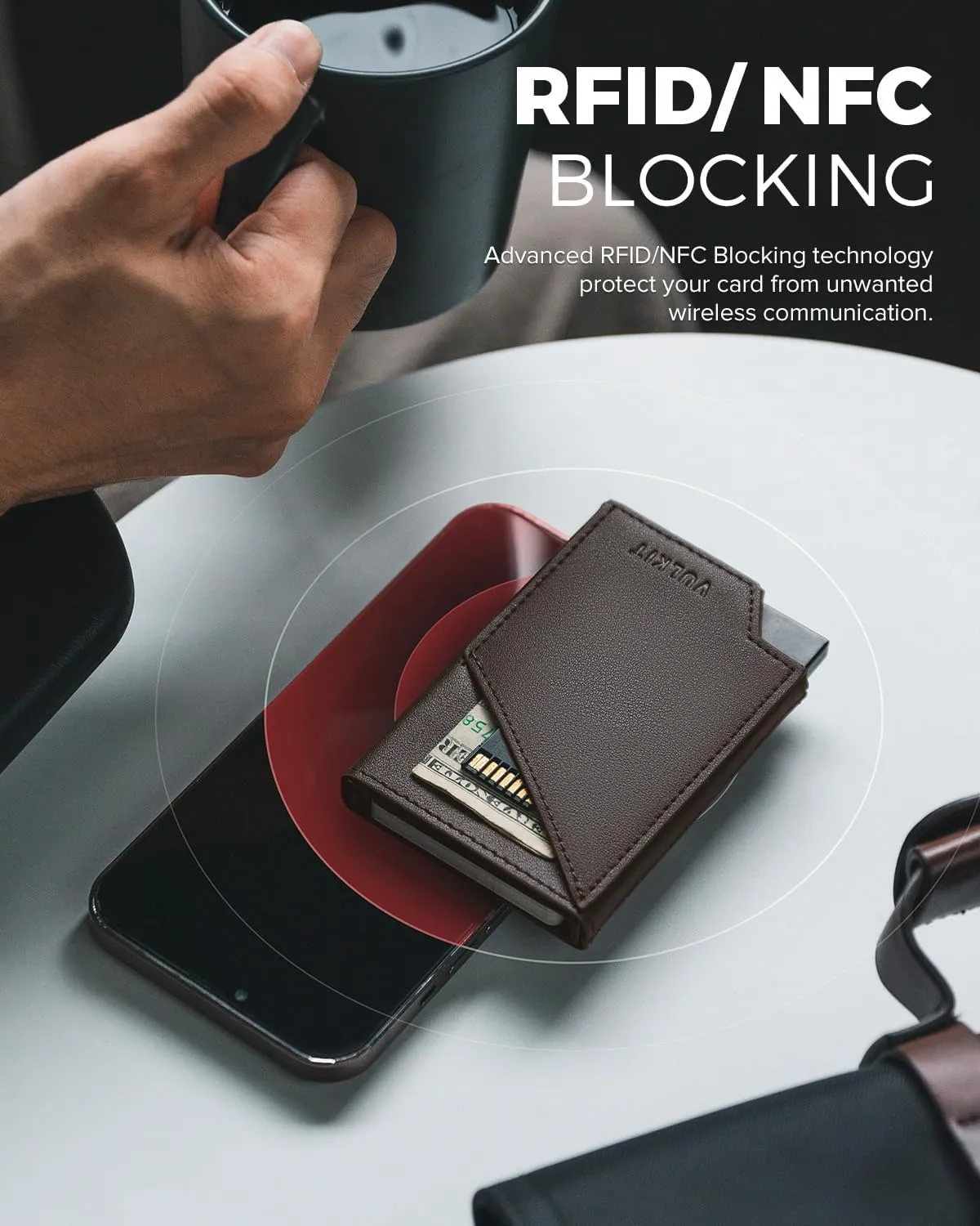 VULKIT Pop up Card Wallet RFID Blocking Slim Aluminum Metal Bank Card Holder Case with Business Money Pocket for Credit Cards Notes and Coins Dark Brown